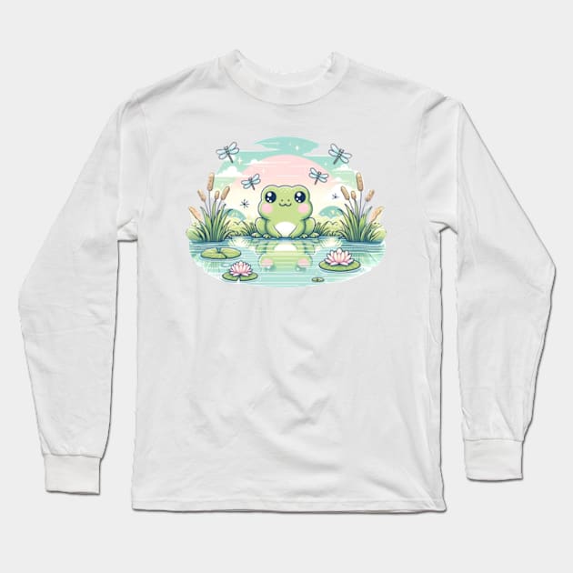 Frog Cottagecore Cute Kawaii Chibi Toad Mushroom Long Sleeve T-Shirt by Lavender Celeste